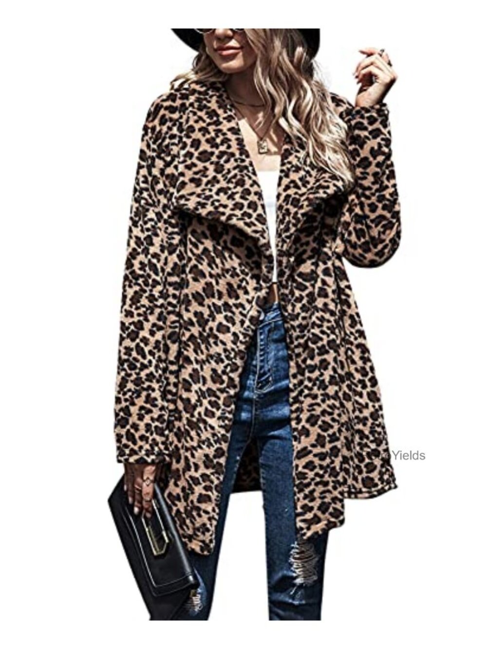 Women's Faux Fur Lapel Leopard Print Open Front Overcoat Sherpa Jacket